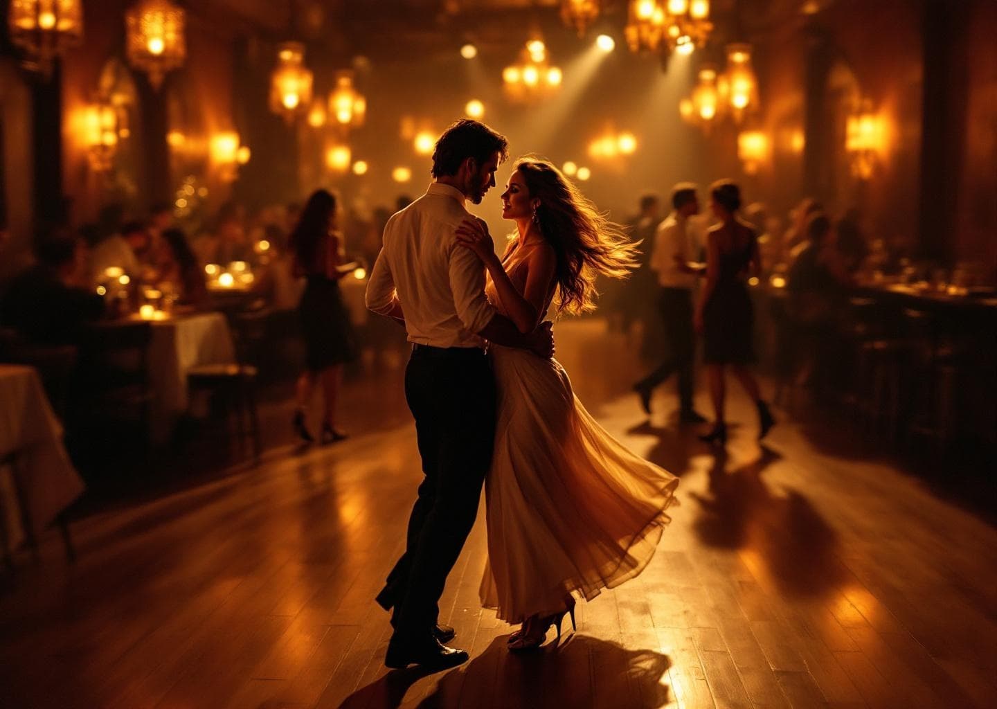 Partnered social dancers on a candlelit dance floor